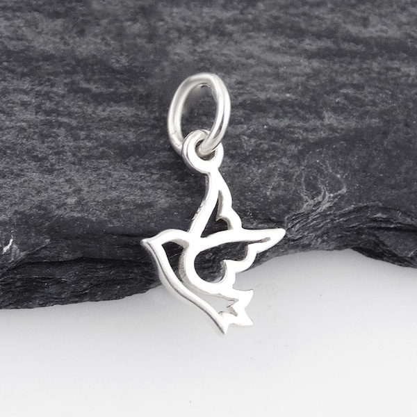 Sterling Silver Dainty Dove Outline Charm - 925 Sterling Silver - Bird Peace Pendant 11mm x 8mm