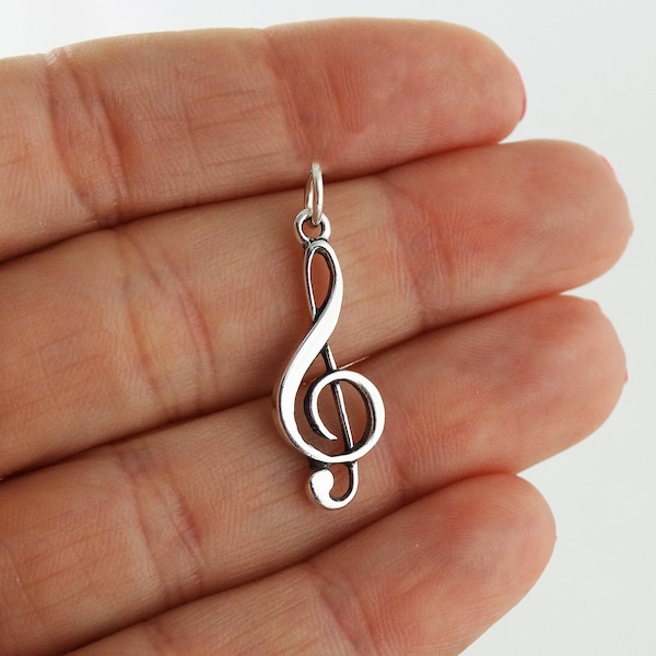 Sterling Silver Treble Clef Charm - 925 Sterling Silver - Pendant Detailed Music Note Musician - 27mm x 10mm