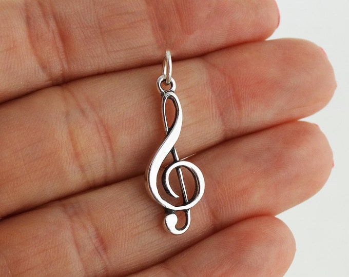 Sterling Silver Treble Clef Charm - 27mm x 10mm Music Pendant