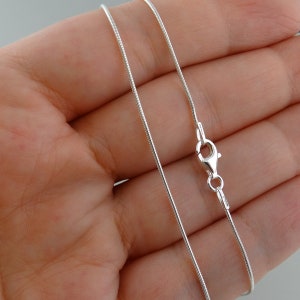 May include: A silver snake chain necklace with a lobster clasp closure.