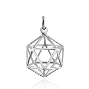 Sterling Silver 3D Icosahedron Geometric Cage Charm - 15mm 20 Sided Pendant