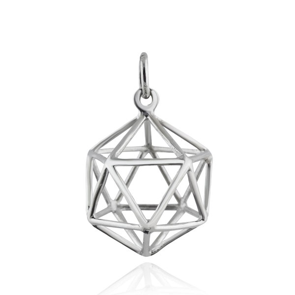 Sterling Silver Icosahedron Geometric Cage Charm - 925 Sterling Silver - 3 Dimensional 20 Sides - 15mm