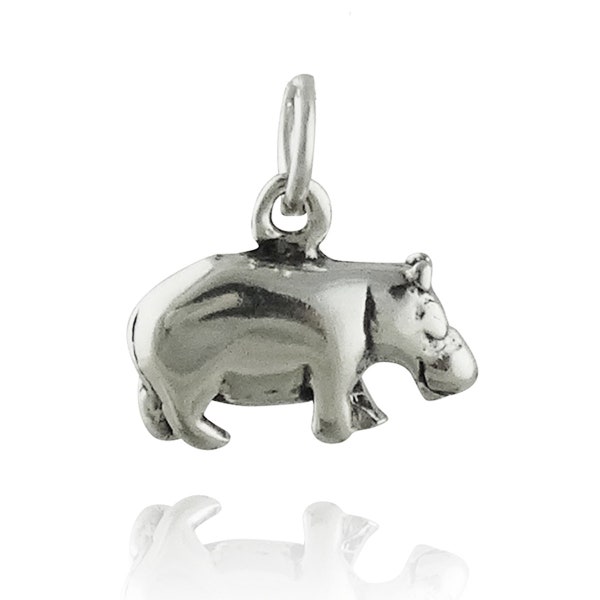 3D Hippo Charm - 925 Sterling Silver - Detailed Double Sided 3 Dimensional Hippopotamus Zoo Safari 11mm x 14mm