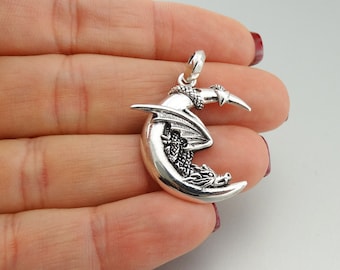 Sterling Silver 3D Dragon on Moon Charm - 925 Sterling Silver - Detailed Pendant 25mm x 27mm