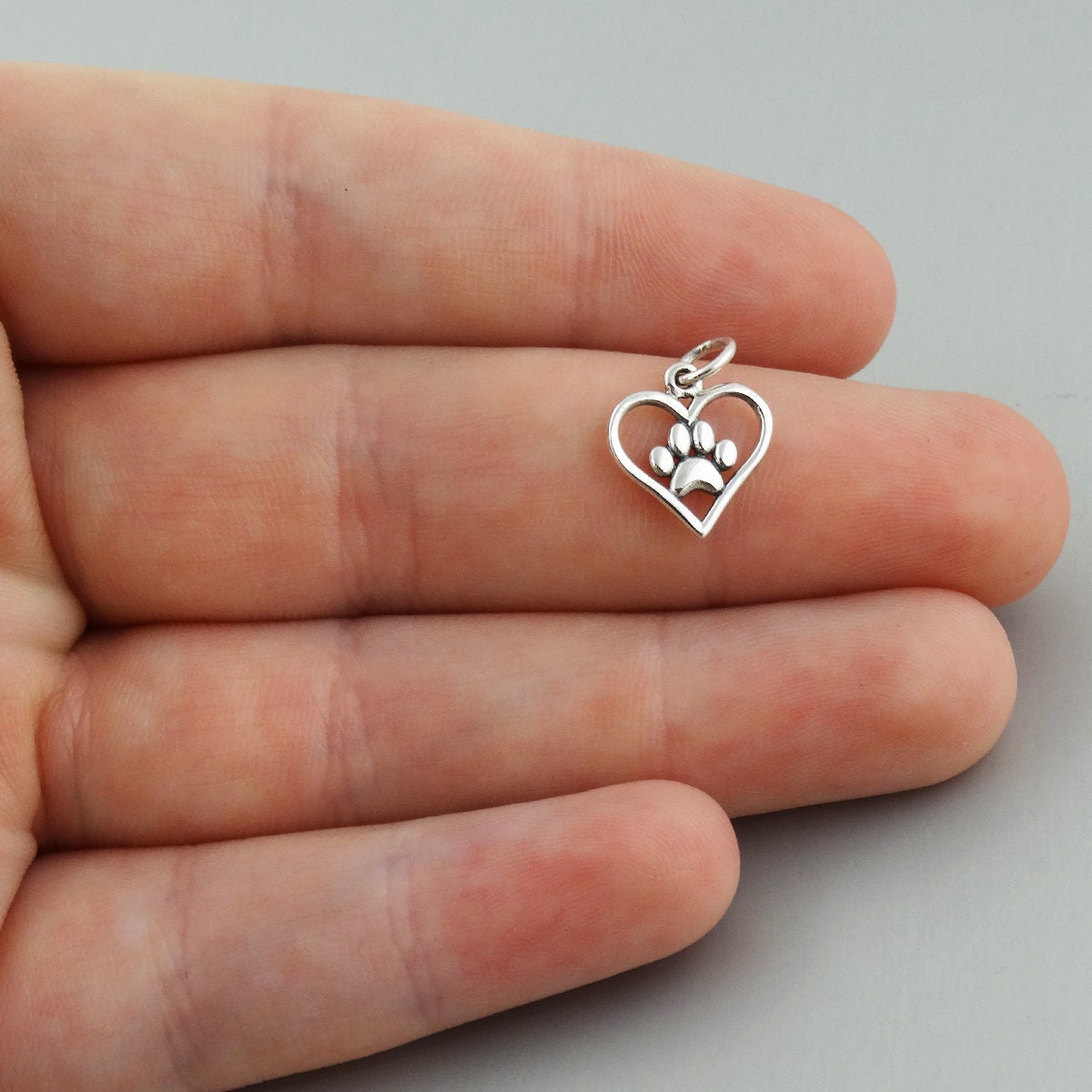 Sterling Silver Tiny Paw in Heart Charm - 13mm x 11mm Pet Pendant