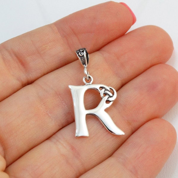 Sterling Silver Letter R Celtic Knot Charm - 925 Sterling Silver - Irish Initial Monogram Pendant - 28mm x 15mm