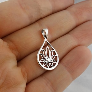 Sterling Silver Teardrop Lotus Flower Charm - 20mm x 14mm with Bail