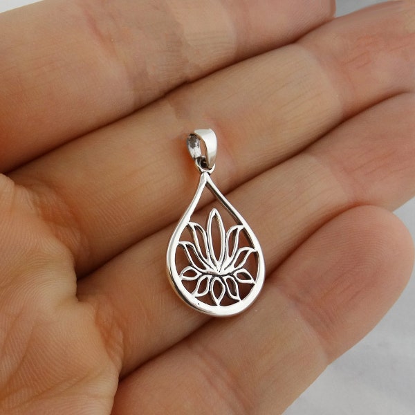 Sterling Silver Teardrop Lotus Flower Charm - 20mm x 14mm with Bail
