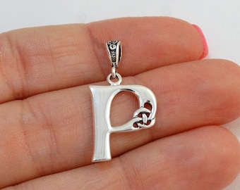 Sterling Silver Letter P Celtic Knot Charm - 925 Sterling Silver - Irish Initial Monogram Pendant - 26mm x 14mm