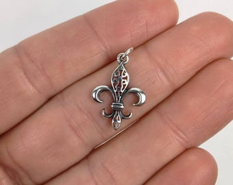 Sterling Silver Fleur De Lis Charm - 20mm x 15mm Detailed Filigree Pendant