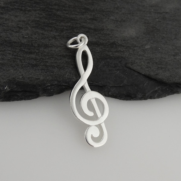 Treble Clef Charm - 925 Sterling Silver - Music Note Musician - 30mm x 11mm