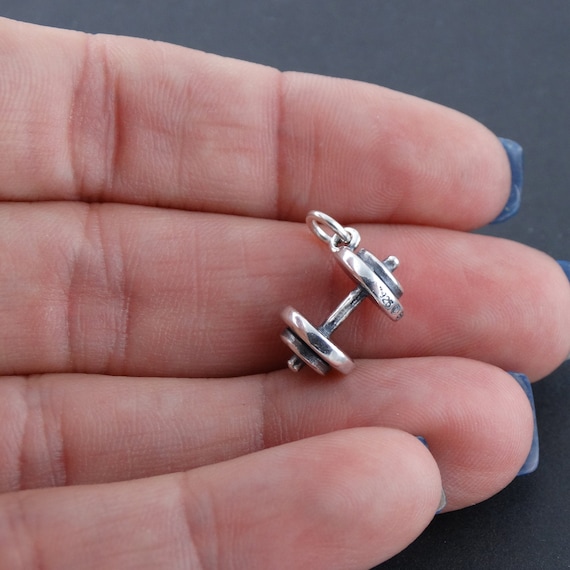 Sterling Silver 3D Dumbbell Charm - 15mm 8mm Gym Pendant
