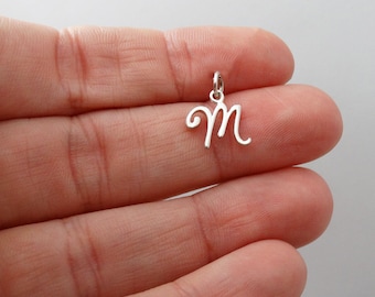Sterling Silver Initial Letter M Charm - 925 Silver - Cute Dainty Script Alphabet Pendant 13mm x 10mm