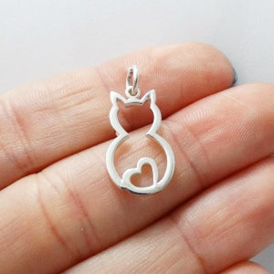 Sterling Silver Cat with Heart Tail Charm - 925 Sterling Silver - Cute Kitty Outline Pet Love Pendant - 20mm x 12mm