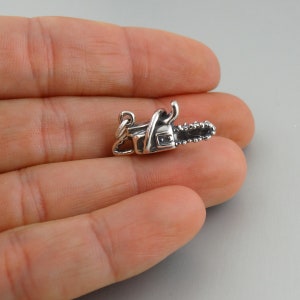 Sterling Silver 3D Chainsaw Charm - 10mm x 20mm Power Tool Pendant