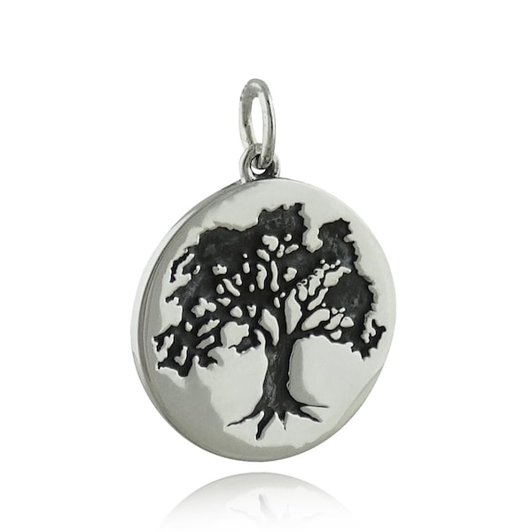 Sterling Silver Oak Tree Etched  Charm - 925 Silver - Family Pendant Nature Forest 16mm