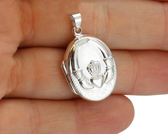 Sterling Silver Oval Irish Claddagh Locket - 20mm x 16mm 2 Photo Pendant with Bail