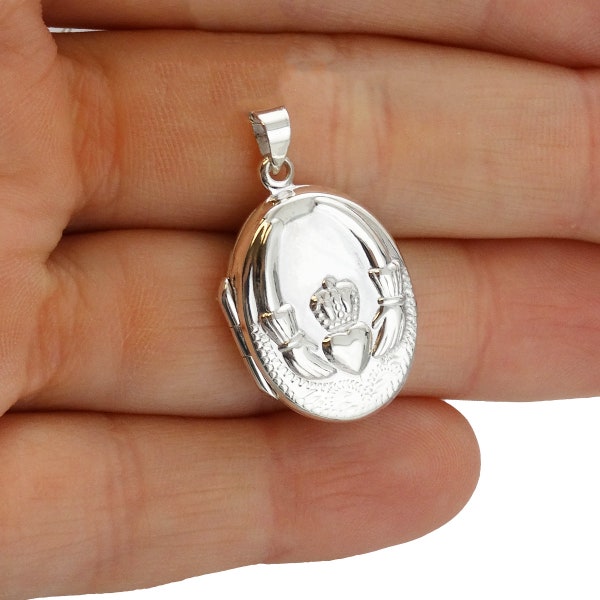Sterling Silver Oval Claddagh Locket - 925 Sterling Silver - 2 Picture Photo Friendship Locket 20mm x 16mm