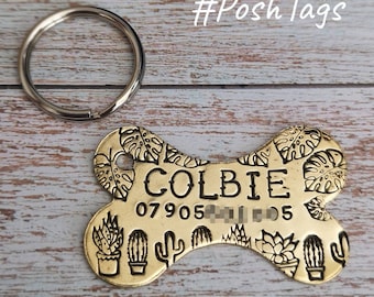 Cactus succulents monstera leaves - Brass bone shape dog tag - hand stamped - single or double tag #PoshTags Collar Christmas Gift Idea