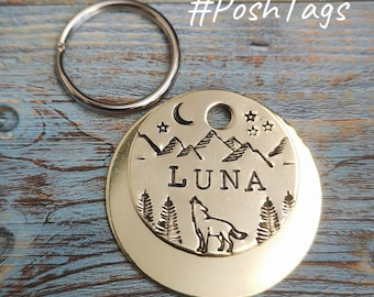Wolf in the forest trees mountains -phases of the moon  & stars - hand stamped 3 SIZES- pet cat dog ID tag #PoshTags