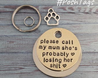 Llame a mi mamá, probablemente esté perdiendo la cabeza (la redacción se puede modificar para papá, etc.) etiqueta de identificación de mascota para perro estampada a mano #PoshTags Collar Regalo de Navidad
