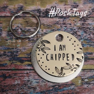 I am chipped - flowers leaves vines garland - dog pet id tag hand stamped #PoshTags Collar Christmas Gift Idea