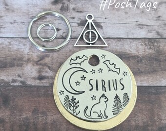 Magic spooky cat bats halloween witch familiar - small medium cat kitten pet tag hand stamped #PoshTags Collar Christmas Gift Idea
