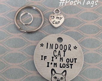 Indoor Cat - if I'm out I'm lost Cat Face - double sided aluminium silver - cat kitten pet hand stamped #PoshTags Collar Christmas Gift