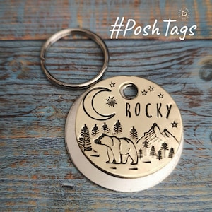Bear in the forest trees - moon & stars - hand stamped 2 SIZES- pet cat dog ID tag #PoshTags Collar Christmas Gift Idea