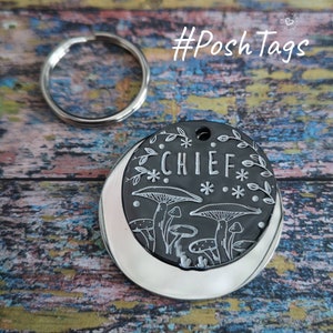 Aluminium Black & Silver - toadstools and magic - vines stars pixie dust - dog cat ID tag #PoshTags Collar Christmas Gift Idea