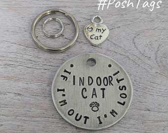 Indoor Cat - if I'm out I'm lost paw print - double sided aluminium silver - cat kitten pet hand stamped #PoshTags Collar Christmas Gift