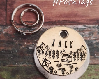 Etiqueta de identificación para mascotas con estampado a mano para viajes en autocaravana, montañas, abejas, árboles, verano, idea de regalo de Navidad para collar #PoshTags