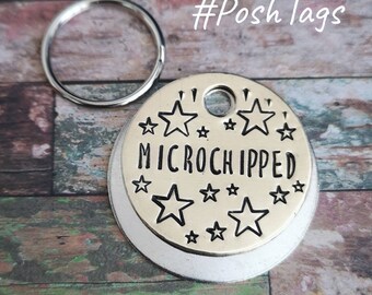 Microchipped (or pet name) - falling stars - dog pet id tag hand stamped #PoshTags Collar Christmas Gift Idea