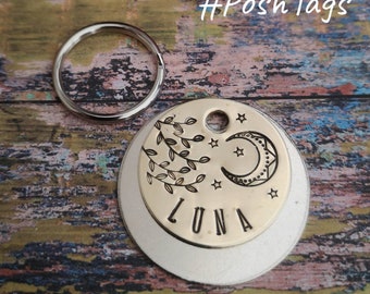 Arbre, lune et étoiles nom d'animal de compagnie - chien chat étiquette d'identification d'animal de compagnie estampillé à la main #PoshTags collier idée de cadeau de Noël