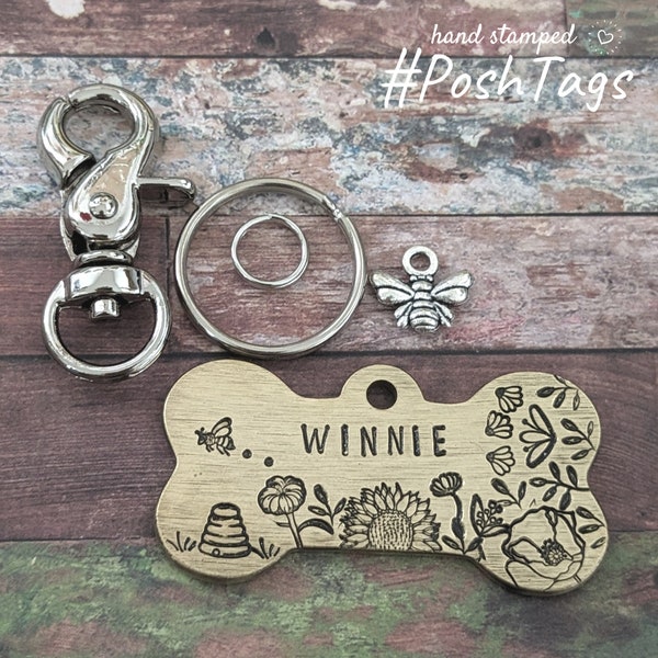 Bee hive & flowers - Brushed brass double sided bone - ANY DESIGN - hand stamped pet dog ID tag #PoshTags Collar Christmas Gift Idea