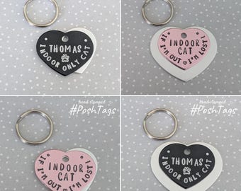 Heart shaped tags - Silver Pink Black - Indoor Cat if I'm out I'm - 2 sizes - super light aluminium dog pet cat ID tag #PoshTags