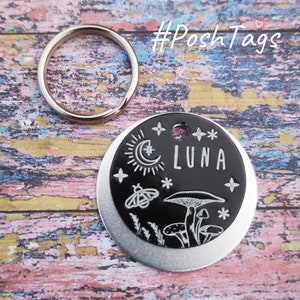 Aluminium lightweight Black & Silver - Luna moon bee - toadstool mushroom - 2 sizes - dog cat ID tag #PoshTags Collar Christmas Gift Idea