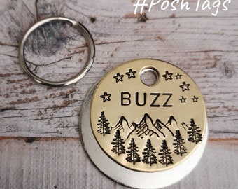 Mountains camping forest trees landscape dog tag night sky stars - hand stamped made to order pet dog ID tag #PoshTags