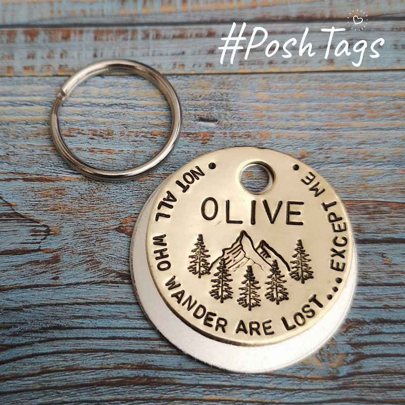 May include: A gold-colored metal dog tag with the inscription "Not all who wander are lost... except me" and the name "Olive" engraved on it. The tag features a mountain and pine tree design.