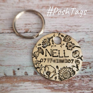 Single disc - all the flowers - brass or silver - 2 sizes - pet cat dog ID tag #PoshTags Collar Christmas Gift Idea