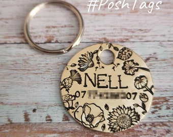 Single disc - all the flowers - brass or silver - 2 sizes - pet cat dog ID tag #PoshTags Collar Christmas Gift Idea