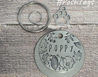 Poppy (any name) leaves flowers floral - 2 sizes - brushed satin effect stainless - cat dog pet hand stamped #PoshTags Collar tag