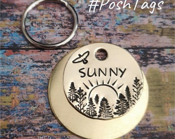Sunrise in the forest - trees sun sunshine woods - dog cat tag pet tag hand stamped #PoshTags Collar Christmas Gift Idea