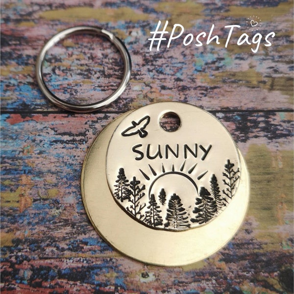 Sunrise in the forest - trees sun sunshine woods - dog cat tag pet tag hand stamped #PoshTags Collar Christmas Gift Idea