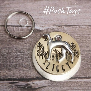 Sighthound, greyhound, whippet - birds, mountains & trees - hand stamped made to order pet dog ID tag #PoshTags Collar Christmas Gift Idea