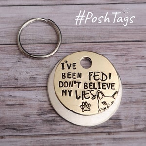 I've been fed! Don't believe my lies! Peeping cat ID tag smaller suitable for cat kitten ID tag #PoshTags Collar Christmas Gift Idea