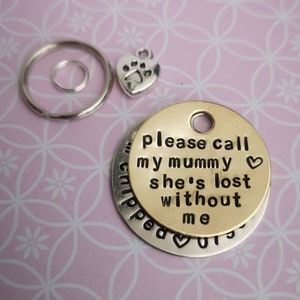 Op de afbeelding: Een gouden en zilveren hondenpenning met de tekst "Please call my mummy she's lost without me" en een klein zilveren pootje.