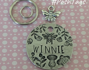 Bee and wildflowers - thistle - Double sided chunky aluminium disc - 2 sizes - pet cat dog ID tag #PoshTags Collar Christmas Gift Idea