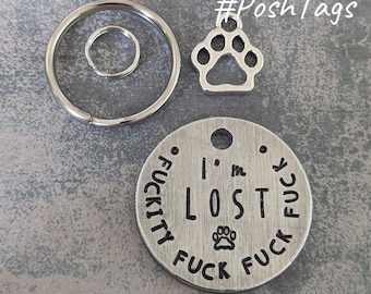 Estoy perdido joder joder joder - Disco de aluminio grueso de doble cara - 2 tamaños - etiqueta de identificación de perro gato mascota #PoshTags Collar Idea de regalo de Navidad