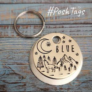 Wolf in the forest trees - moon & stars - hand stamped 3 SIZES- pet cat dog ID tag #PoshTags Collar Christmas Gift Idea